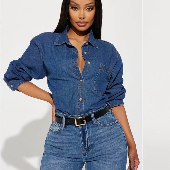 Fashion Nova Tops - Fashion Nova Blue Denim Button-Up Shirt